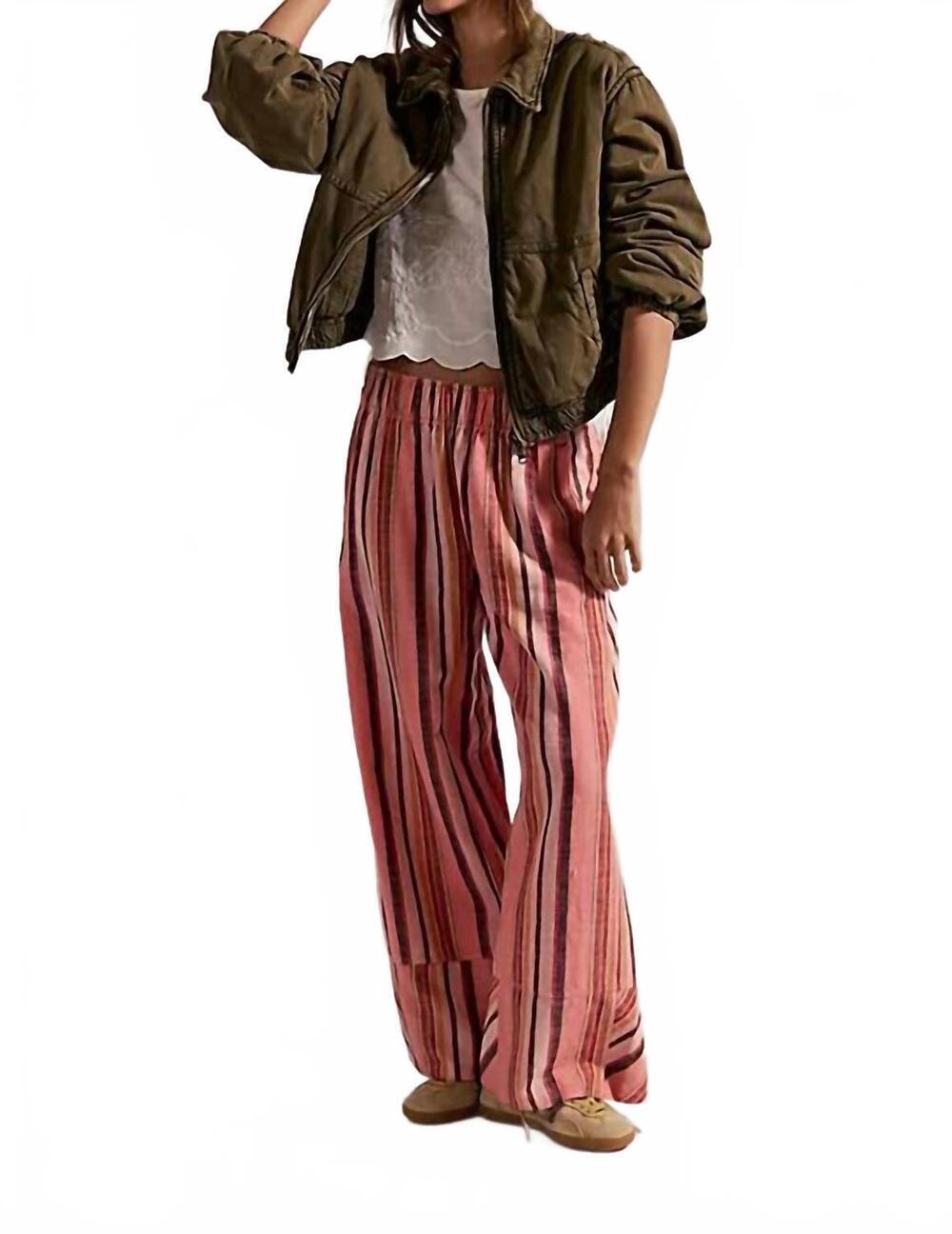 NEW FREE PEOPLE day's end linen striped pull on pants in coral